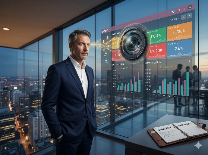 Dirigeant ayant un oeil d'expert. il regarde les chifrres, les KPI ..