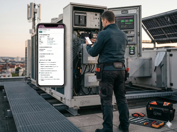 Technicien utilisant l'application ODOO pour son intervention terrain